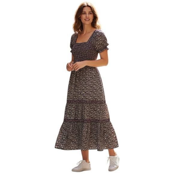 CAARA Smocked tiered Midi dress puff sleeves Ditsy floral Sz M Romantic chic - Picture 10 of 11